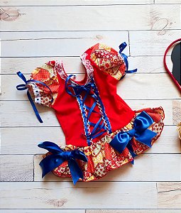 Vestido Bebê para Festa Junina caipira Vermelho Patchwork com body e Tiara