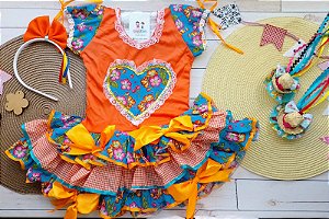Vestido Infantil Fantasia Caipira Junina 1 a 6 anos com body e tiara