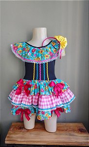 Vestido Infantil Fantasia Caipira Junina 1 a 8 anos com body e tiara
