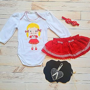 Roupa de Festa Junina Caipira Country Body, Saia e Chapéu