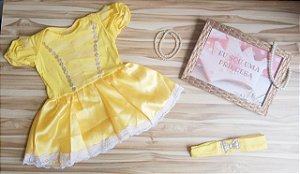 Fantasia Vestido Bebê Luxo Princesa Disney Bela e Tiara