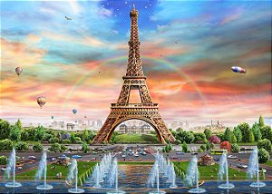 Pintura Numerada Torre Eiffel e Arco-íris Tecido Pincéis e Tintas Y5257