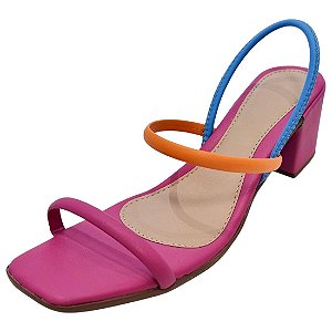 Sandália com Tiras Salto Médio - Pink, Laranja e Azul
