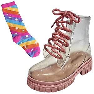 Galocha Coturno Chloe Infantil Incolor com Meia - Rosa