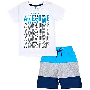 Conjunto Infantil Menino Awesome - Branco, Azul e Cinza