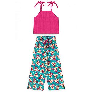 Conjunto Infantil Menina Alça Florido - Pink e Verde