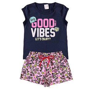 Conjunto Infantil Menina Good Vibes - Azul Marinho e Rosa