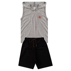 Conjunto Infantil Menino Regata Com Capuz Plaquinha - Cinza e Preto