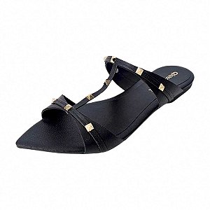 Sandália Rasteira Bico Fino com Spikes Ouro - Preta