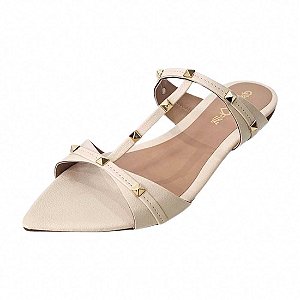 Sandália Rasteira Bico Fino com Spikes Ouro - Creme