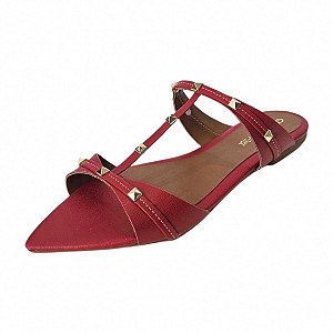 Sandália Rasteira Bico Fino com Spikes Ouro - Vermelha