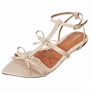 Sandália Rasteira com Lacinhos Aplique Ouro - Creme
