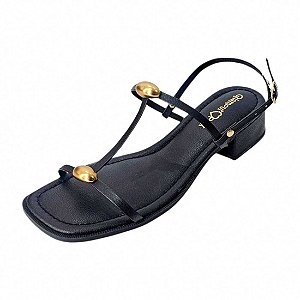 Sandália Salto Médio H com Aplique Dourado - Preta