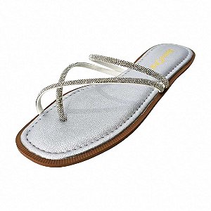 Sandália Rasteira Cruzada de Dedo com Strass - Prata