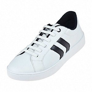 Tênis Basic Elástico com Faixas Laterais - Branco e Preto