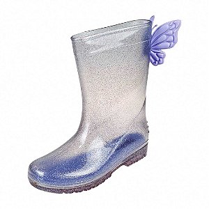 Bota Galocha Infantil Borboleta Lilás Alta - Incolor Prata Glitter