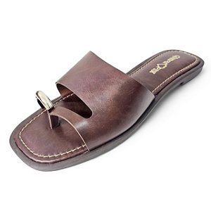 Sandália Rasteira de Dedo Faixa Fivela Dourada - Marrom