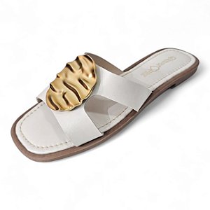 Sandália Rasteira H com Fivela Redonda Ouro - Off White
