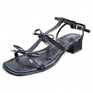 Sandália Salto Bloco com Lacinhos - Preta