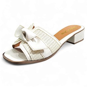 Tamanco Salto Médio Tressê com Laço - Off White