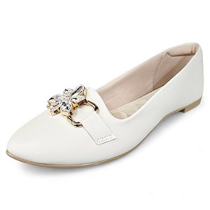 Sapatilha Bico Fino com Fivela Strass - Off White