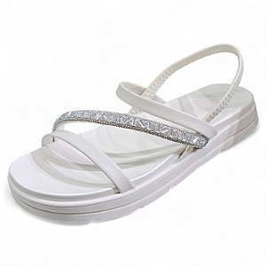 Sandália Rasteira Meia Pata com Strass - Off White
