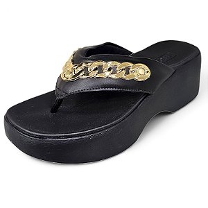 Tamanco Meia Pata com Corrente Dourada - Preto