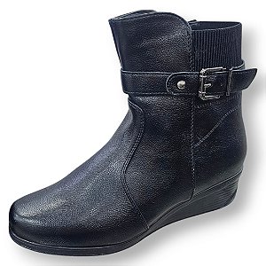 Bota Cano Curto Anabela Elástico e Zíper - Preta