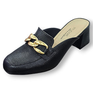 Mocassim Mule Comfort com Corrente - Preto e Dourado