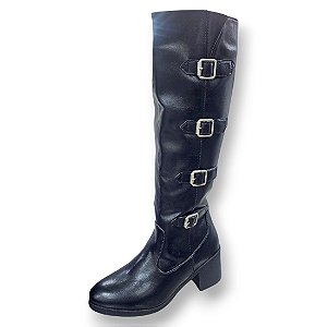 Bota Cano Longo com Fivelas Salto Médio - Preta