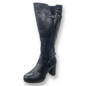 Bota Salto Cano Longo com Elástico e Zíper - Preta