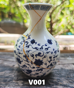 Vaso de Ceramica Kintsugi Flores Azuis DECORADO Pequeno