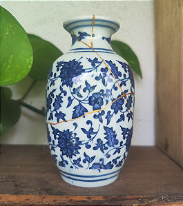 Vaso de Ceramica Kintsugi Azul DECORADO Kintsugi Pequeno
