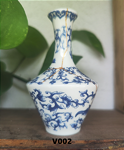 Vaso de Ceramica Kintsugi Floral Azuis DECORADO Pequeno