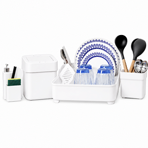 Kit Organiza Pia 5 Peças Escorredor Lixeira Dispenser Porta Talheres Branco