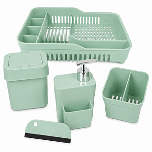 Kit Organiza Pia 5 Peças Escorredor Lixeira Dispenser Porta Talheres Verde