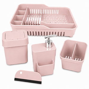 Kit Organiza Pia 5 Peças Escorredor Lixeira Dispenser Porta Talheres Rosa