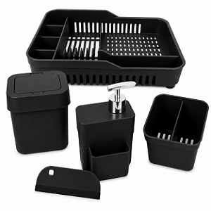 Kit Organiza Pia 5 Peças Escorredor Lixeira Dispenser Porta Talheres Preto