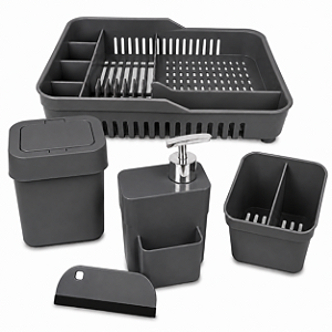 Kit Organiza Pia 5 Peças Escorredor Louça Lixeira Dispenser Porta Talheres Cinza