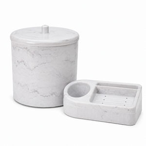 Kit Pia 2 Peças Lixeira Cesto Multiuso Porta Sabão Branco Carrara Marmorizado