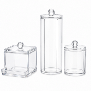Kit Porta Algodão e Cotonetes 3 Peças Organizador Acrílico Transparente
