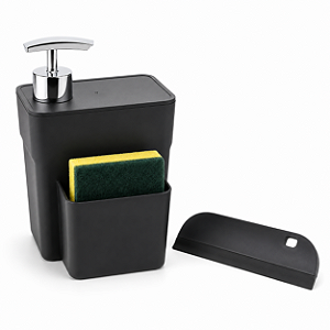 Dispenser Detergente 500ml Porta Esponja com Rodinho Organizador de Pia Preto