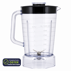 Copo Liquidificador Compatível Oster Power 1400 Full OLIQ610 com Lâmina e Tampa Preta