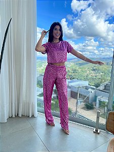 Conjunto de Paetê Rita Rosa Metálico