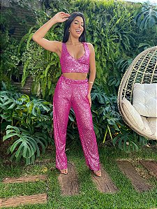 Conjunto de Paetê Cássia Rosa Metálico