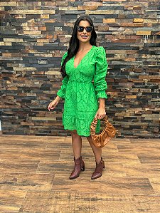 Vestido Pérola Curto de Laise Manga Bufante Verde Primavera