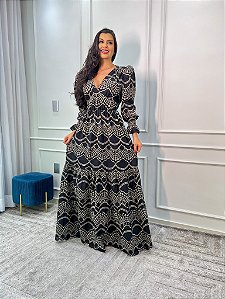 Vestido Glória Longo de Laise Bicolor Manga Bufante Preto