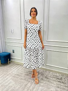 Vestido Midi Graça de Laise Bicolor Branco com Preto