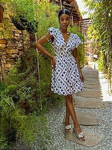 Vestido Glória Curto de Laise Bicolor Branco com preto