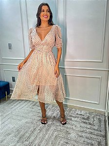 Vestido Vitória  Manga 3/4 de Poá Nude